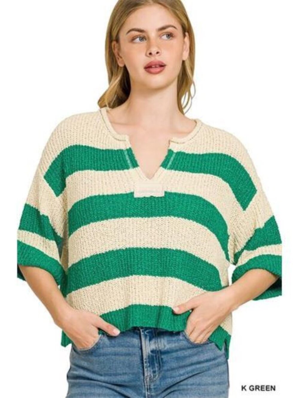 Zenana Split‎ Neck Stripe Sweater